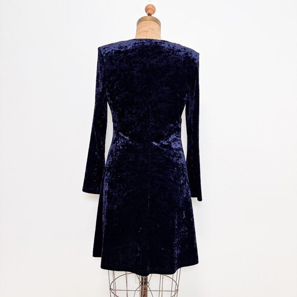 Vintage 90s Long Sleeve Dark Blue Crushed Velvet Empire Waist Dress Size 8 - Picture 3 of 14